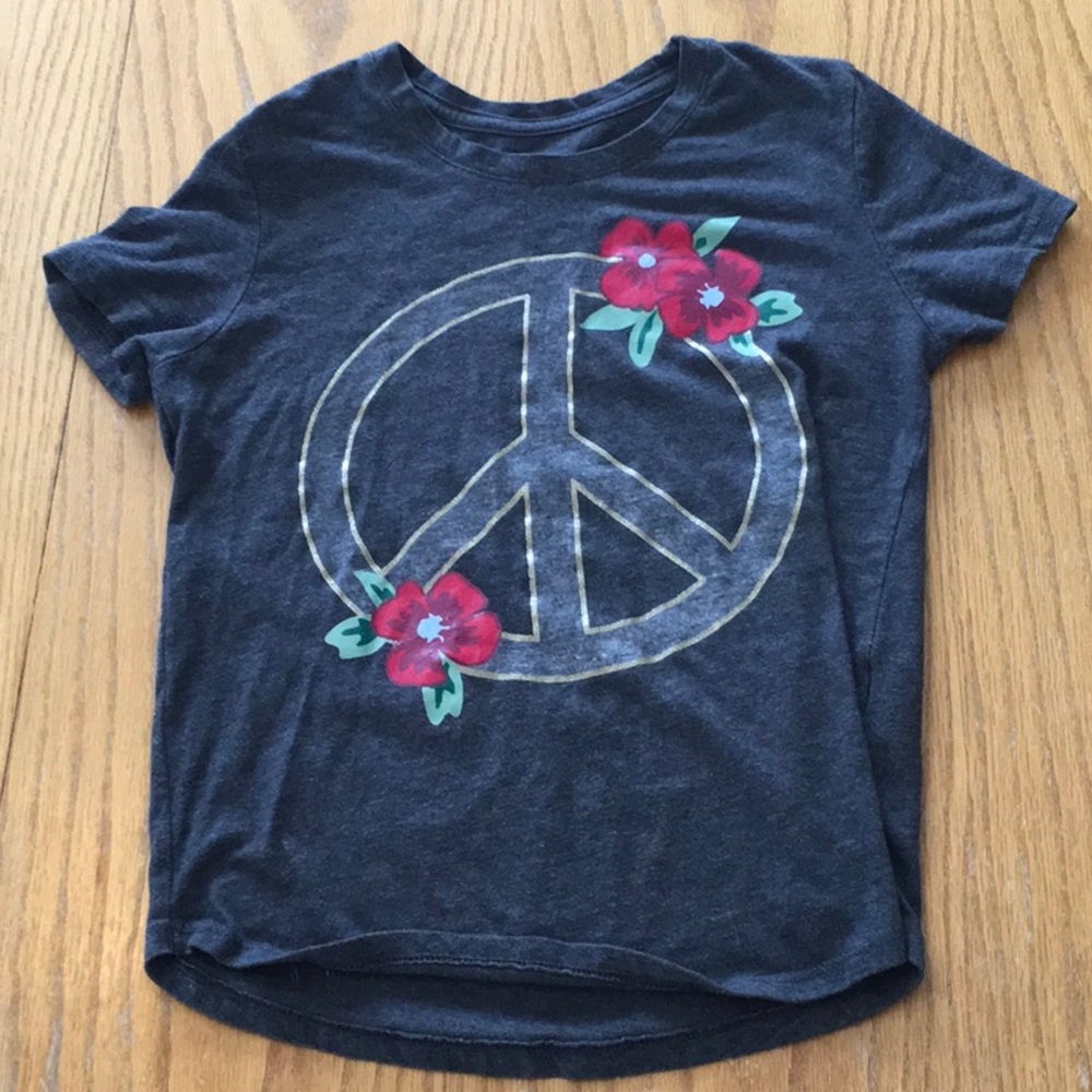 Old Navy Dark Gray Peace T-Shirt With Red Flowers.